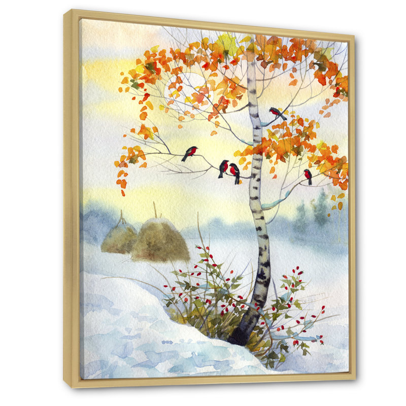 Bouvreuil sur le bouleau d'hiver - Peinture, H 36 po x l 24 po x P 1 po, Cadre flottant brun