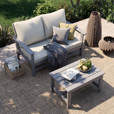2-Person Modular HDPE Outdoor Conversation Set With Thick Cushions, All-Weather Poly Lumber Patio Sofa Seating Set