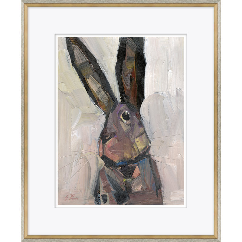 Large Eared Bunny Painting by Joseph Mota, 23" H x 19" W, Gold/Gray Framed Paper
