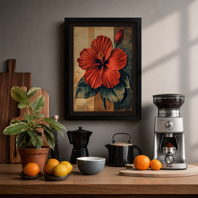 Crimson Hibiscus Botanical - Framed Print, Black, A3 - 42.0 x 29.7 cm