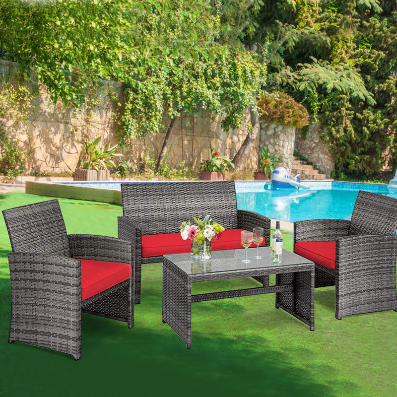 Alyssya 4 Piece Rattan Sofa Seating Group, Red