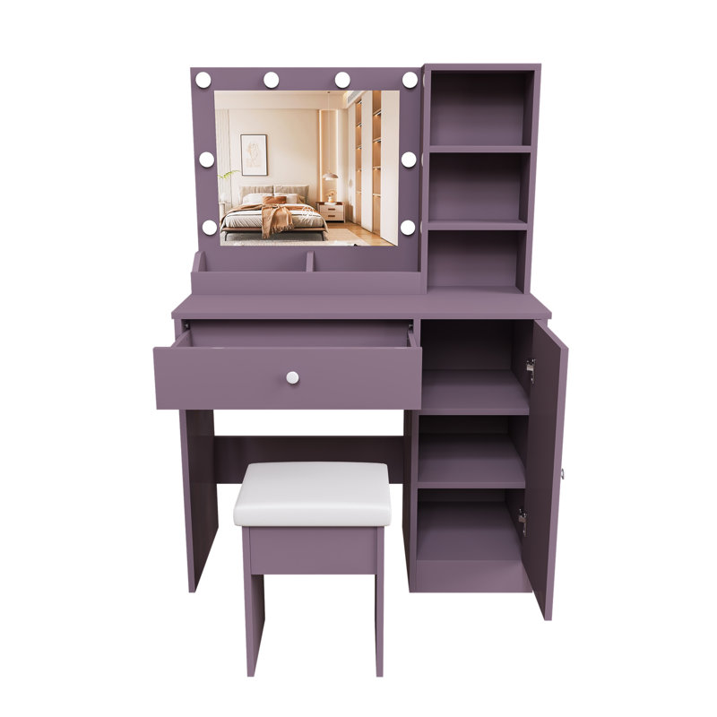 Ensemble de coiffeuse élégant avec tabouret rembourré et miroir éclairé réglable