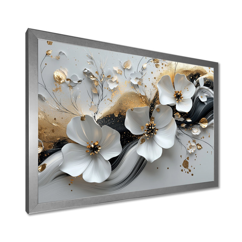 Fleurs abstraites de coquelicot sur une rivière crème dorée - art mural coquelicot, H 34 po x l 44 po, Cadre simple