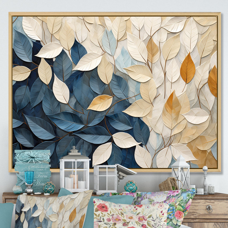Collage de feuilles minimaliste beige et bleu - feuilles, décoration murale, Cadre naturel flottant