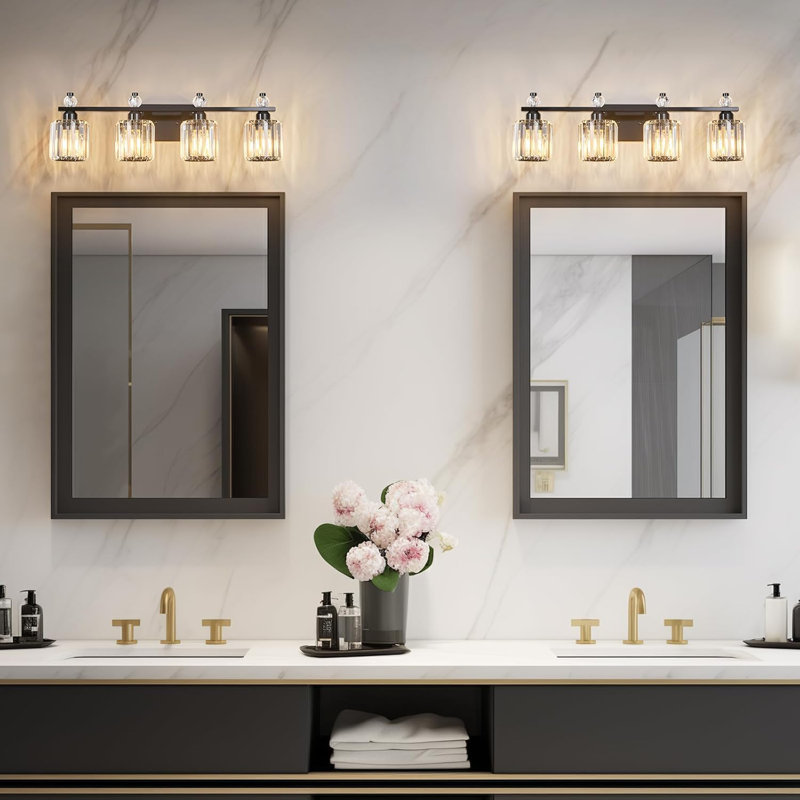 Luminaire de salle de bain moderne à 4 lumières avec abat-jour en cristal et finition durable, compatible avec les ampoules E26, installation facile