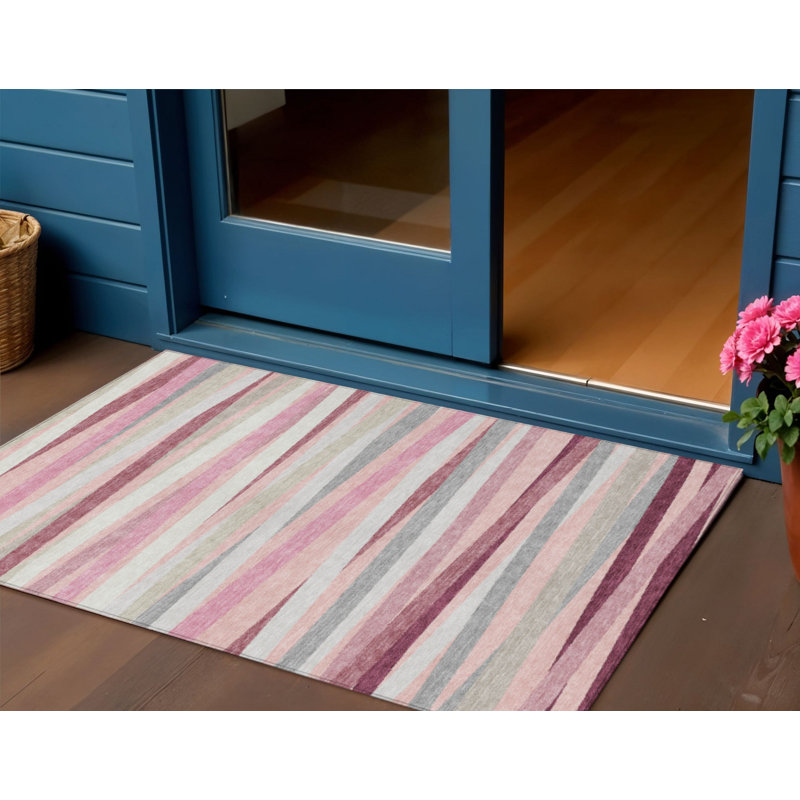 Tapis intérieur lavable rayé rose ivoire et gris 3 pi x 5 pi