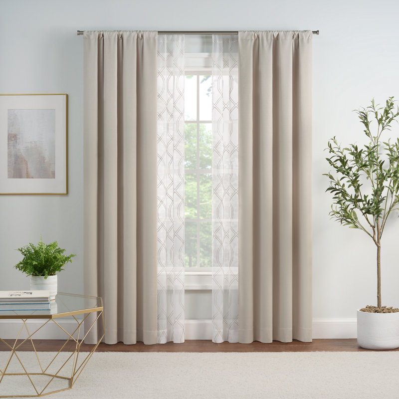 Eclipse Kensett Blackout Curtains with Cable Chain Pattern Sheer Window Panels, 4-Piece Window Curtain Panel Set, Linen