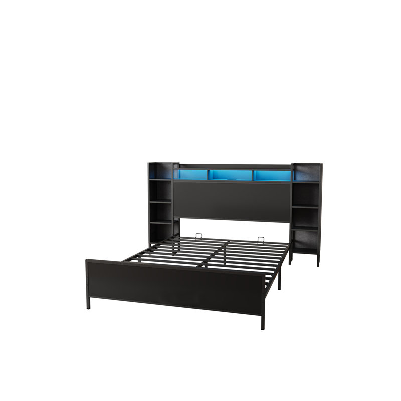 Base de lit tête de lit bibliothèque avec lumières DEL et station de charge, lit plateforme en métal avec tablettes de rangement