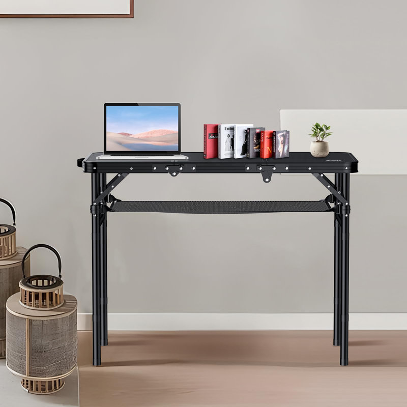 Aluminum Folding Camping Table - 3ft Tri-Fold, 3 Adjustable Heights (27.1in Max), 66lb Capacity with Storage Net, Black