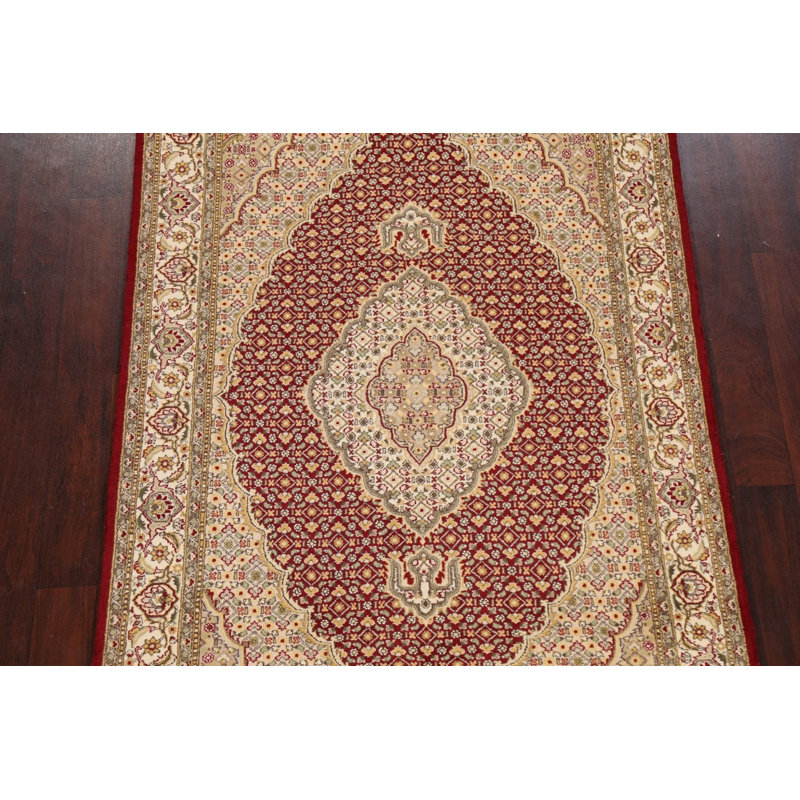 Tapis rouge en laine et en laine noué à la main de conception unique 4 pi 5 po x 7 pi New Age