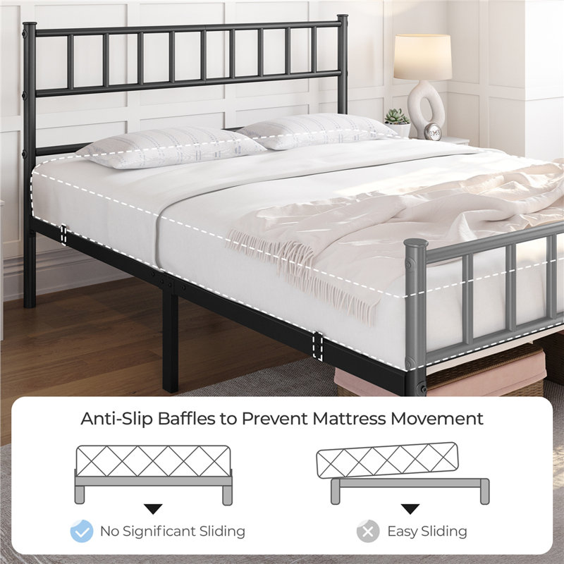 Minimalist Metal Bed Frame with Slatted Headboard, Double (4'6), Black