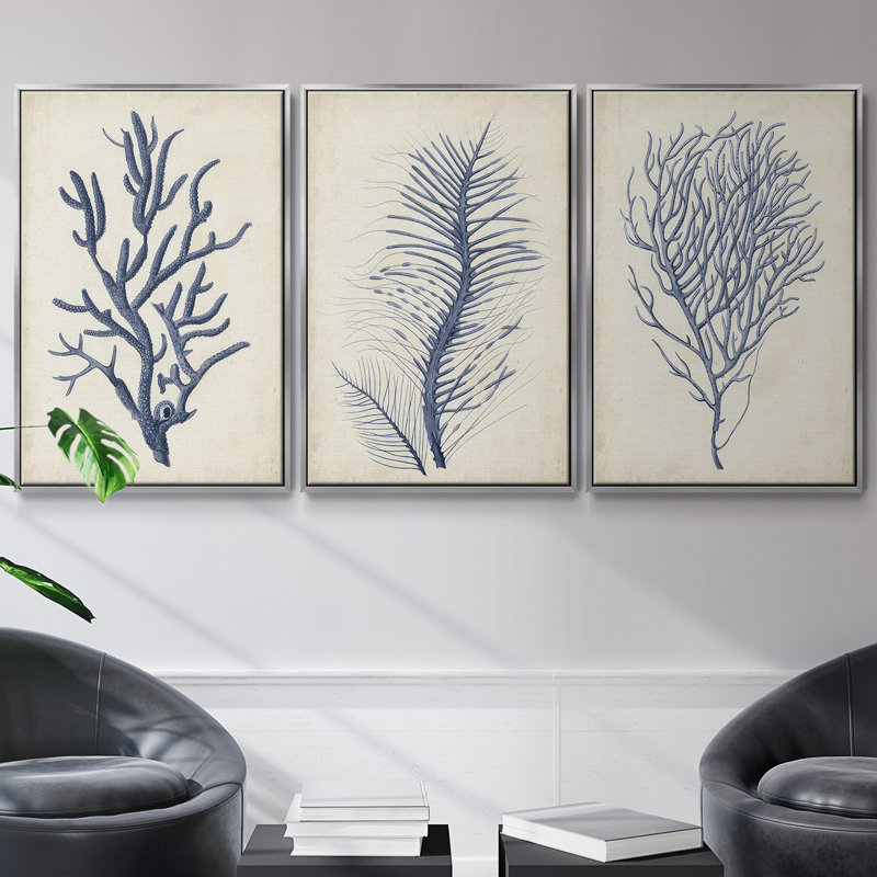 Indigo Brush Blooms I, ensemble de 3 toiles encadrées sur toile, Encadrement argenté, H 40 po x l 78 po