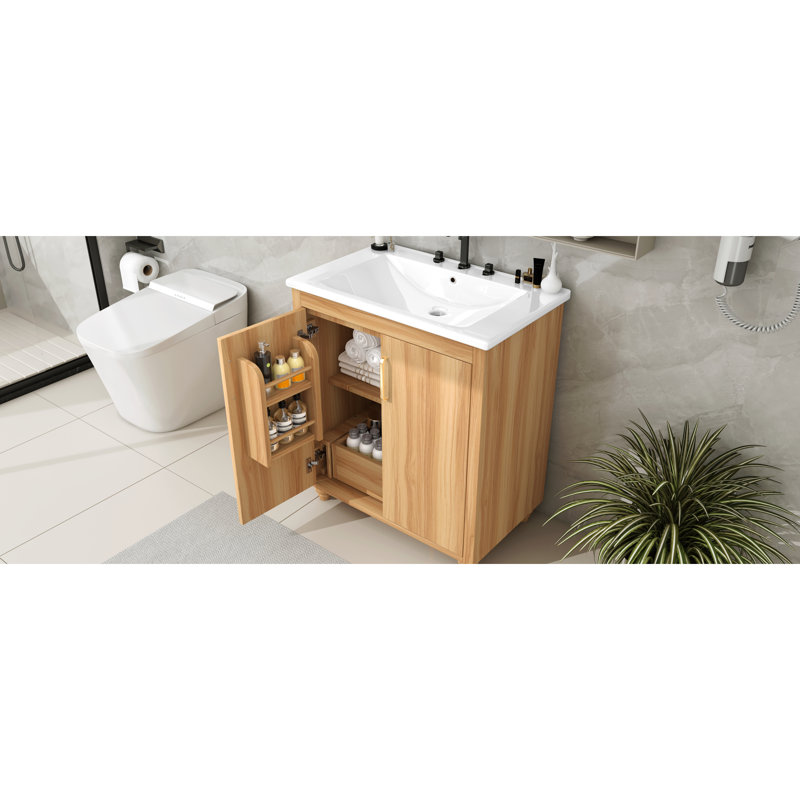 Meuble-lavabo de 30 po avec lavabo - Armoire moderne et base en bois massif, charisme naturel. Matériaux. Bassin en céramique. Tablette réglable. Deux portes et tablette fonctionnelles