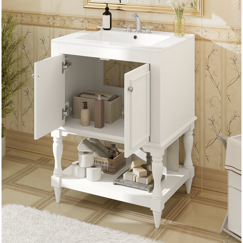 Meuble-lavabo de luxe moderne de 24 po avec lavabo en céramique, meuble de salle de bain avec tablette ouverte et rangement fermé