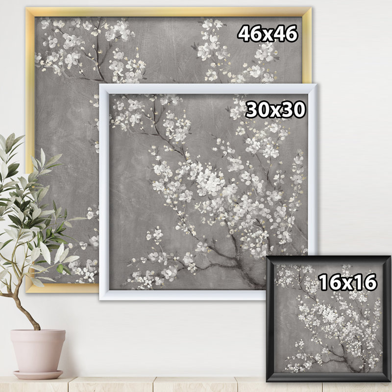 «White Cherry Blossoms II», reproduction d'art sur toile encadrée, H 16 po x l 16 po x P 1 po, Cadre argenté