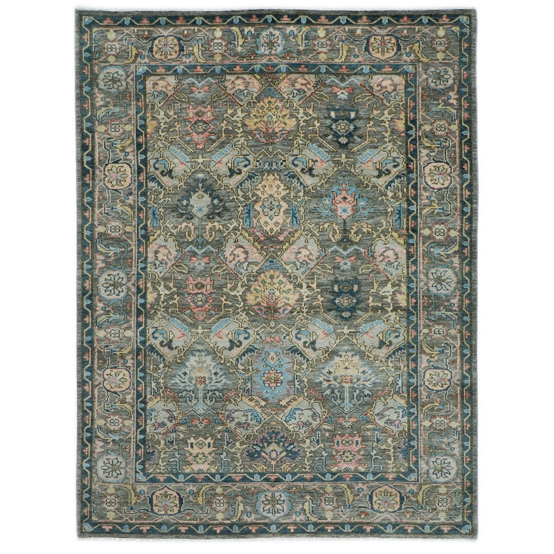 Tapis gris en laine noué à la main 10 pi 2 po x 13 pi 11 po Oushak, Rectangle 10 pi 2 po x 13 pi 11 po, Gris foncé