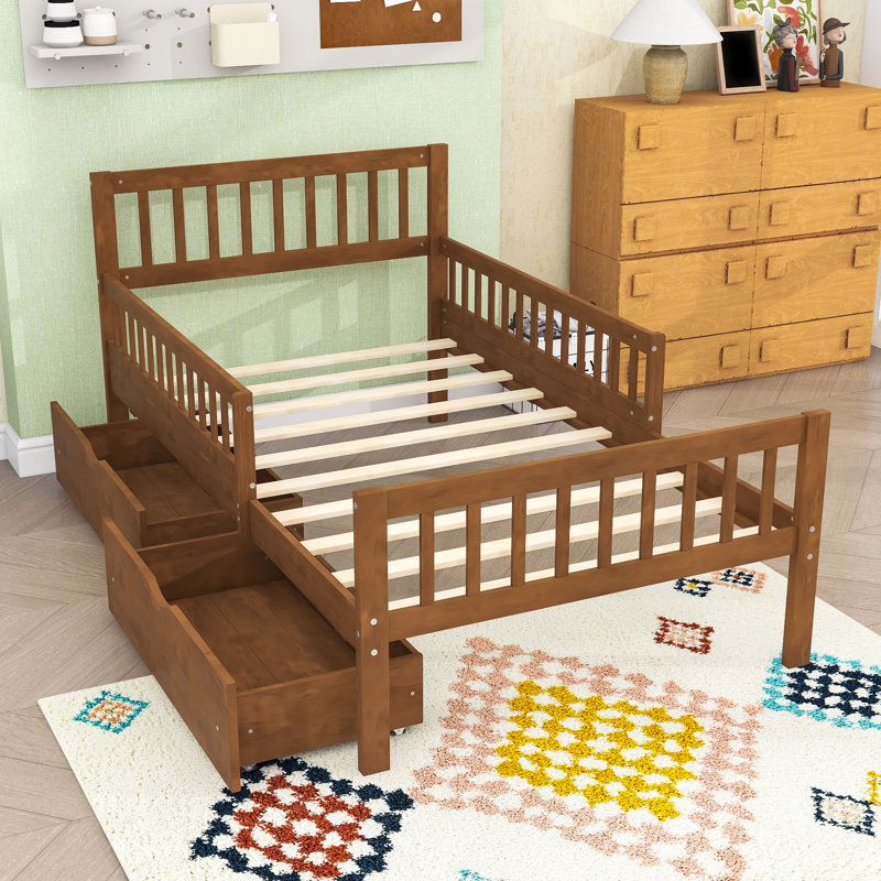 Lit plateforme en bois avec garde-corps et tiroirs de rangement, Simple