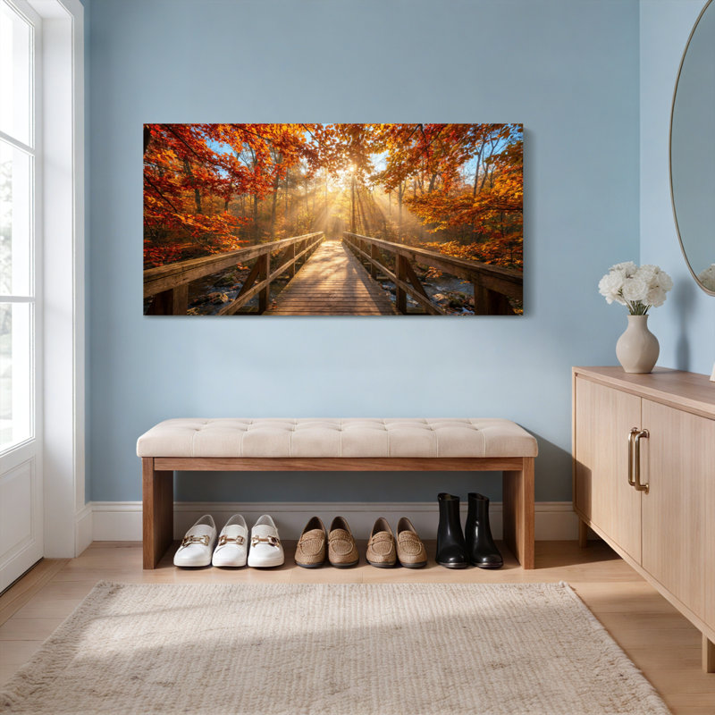 Ensemble de 1 tableau sur toile tendue représentant un pont dans la forêt d'automne, H 24 po x l 48 po