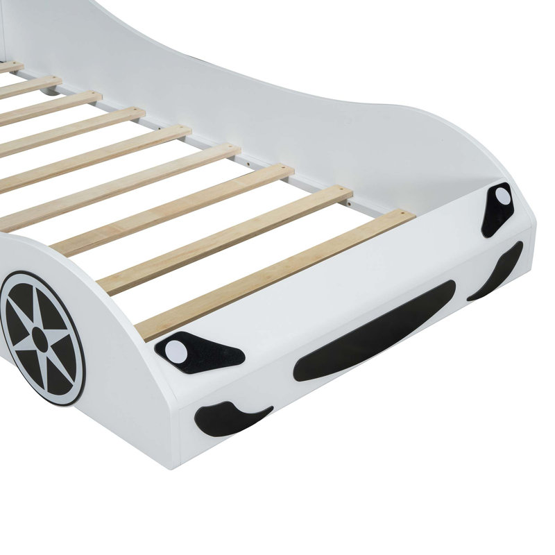 Lit plateforme en bois en forme de voiture avec dossier rembourré à DEL