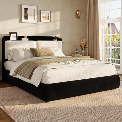 Cadre de lit double en chenille avec tablette encastrée, lit plateforme rembourré souple, noir