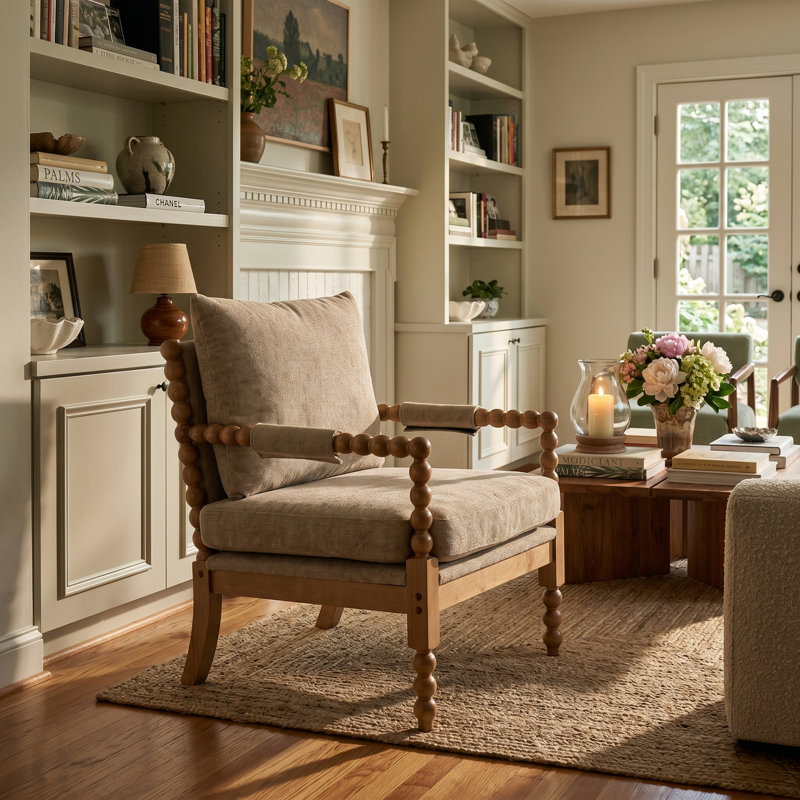 Arteta Upholstered Accent Chair, Beige/Natural Wood