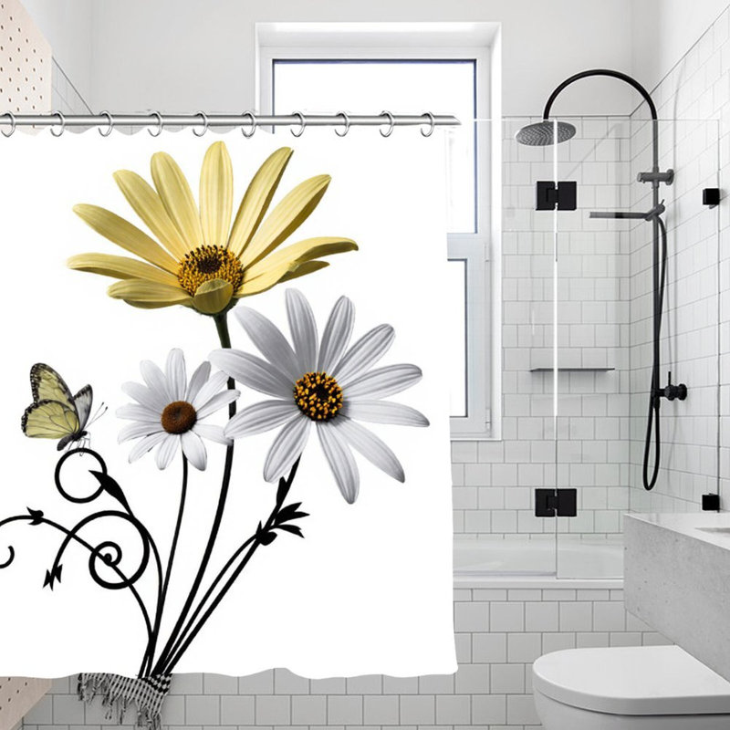 Rideau de bain jaune et blanc marguerite et papillon