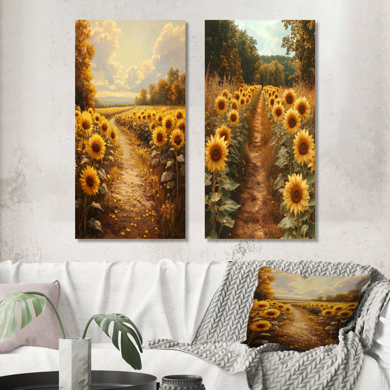Tournesols le long du sentier de la ferme I - Collection d'art mural floral 2 panneaux, H 28 po x l 25 po, Toile tendue