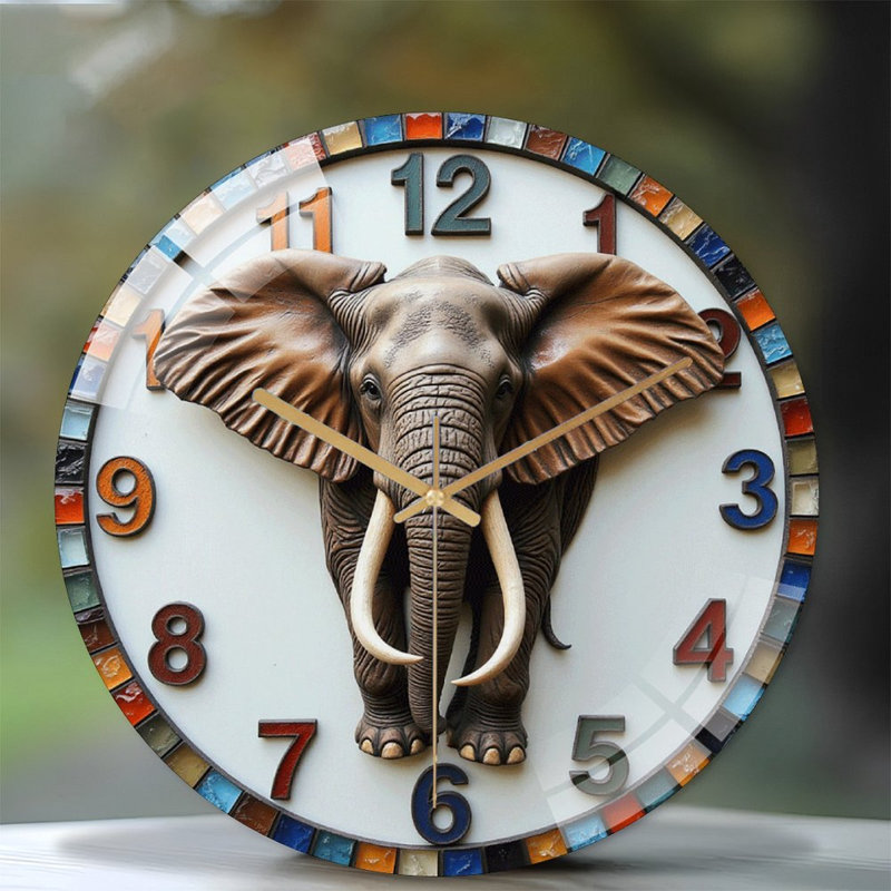 Elephant Decorative Wall Clock with 2D Design Art - 12'' Modern Glass Wall Clock