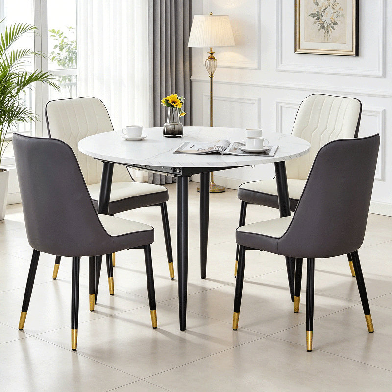 Table de salle à manger Domogne, Ensemble de cinq pièces : table, quatre chaises, Blanc / Gris