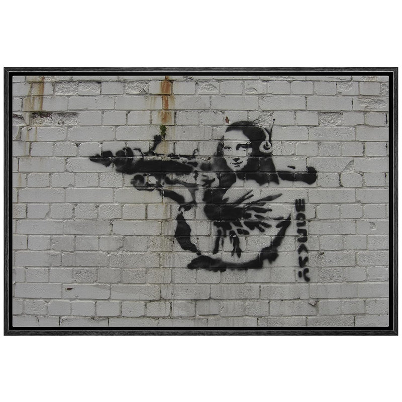 Banksy Mona Lisa avec lance-roquettes sur toile, H 24 po x l 36 po x P 1,5 po, Cadre flottant noir