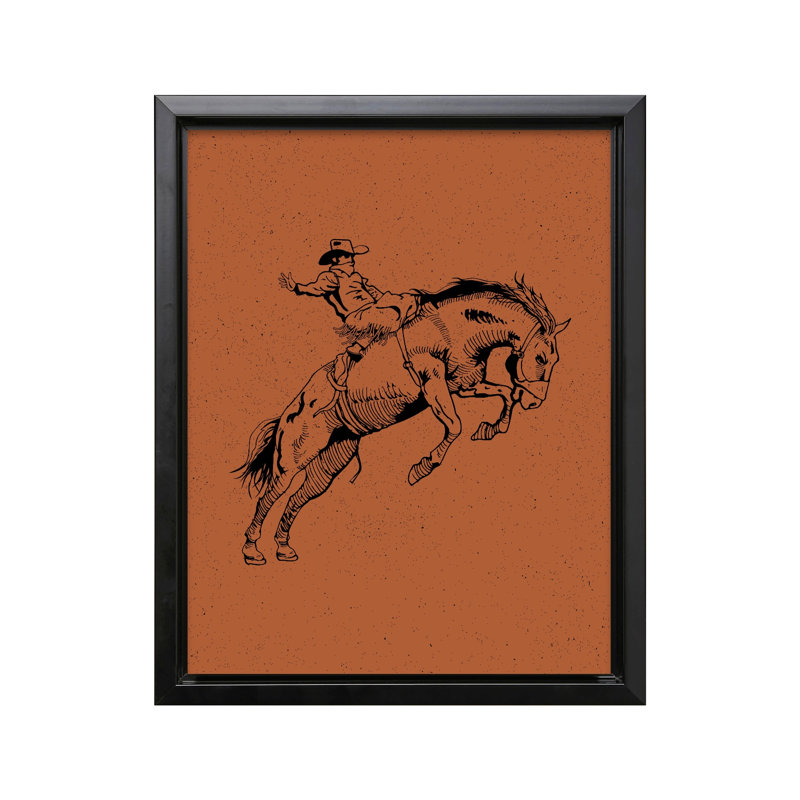 Bronco brun et cowboy brun, Black Framed, Canvas, 11"H x 14"W