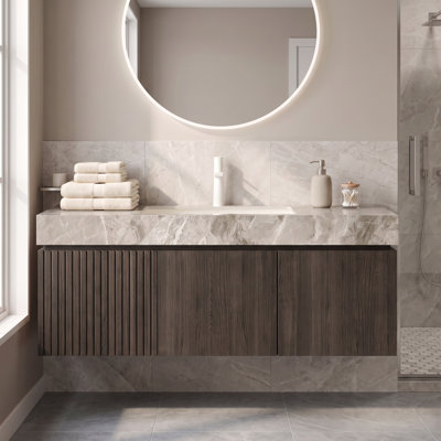 Meuble-lavabo mural 48 po pré-assemblé, structure en contreplaqué avec 2 portes, comptoir de lavabo en céramique encastré avec trou de robinet pré-percé