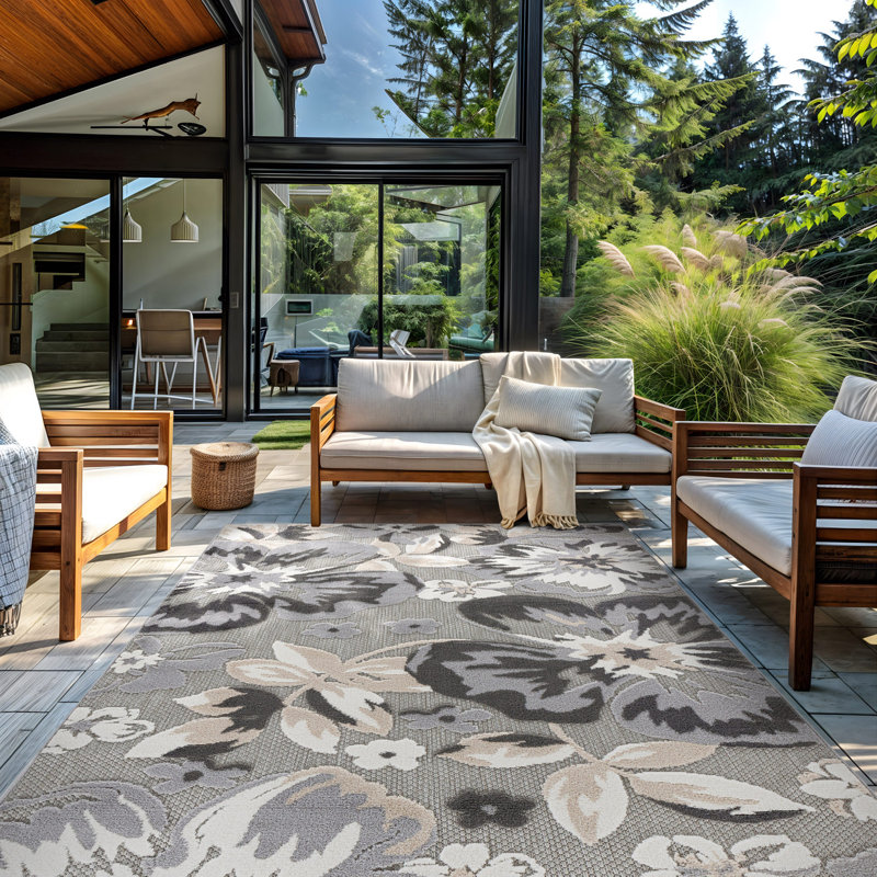 Tapis floral intérieur / extérieur gris, Rectangle 6 pi x 9 pi