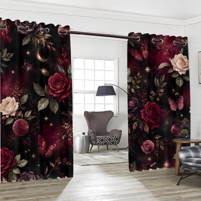 2Pcs Gothic Vintage Dark Rose Butterfly Moon Print Grommet Blackout Curtains, Dark Floral Celestial Pattern, Thermal Insulated Heat Blocking, Noise Reducing & Privacy Protection, Room Darkening Stylish Indoor Home Decor for Bedroom, Living Room