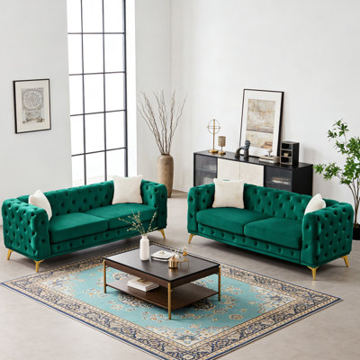 Ensemble de canapé chesterfield Mid-Century en velours avec capitonnage et pieds en métal