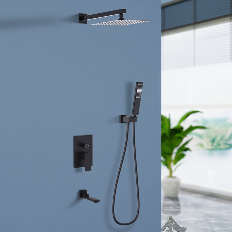 Topcraft Wall-Mounted 10-Inch Rain Shower System With Handheld Showerhead And Tub Spout, Matte Black