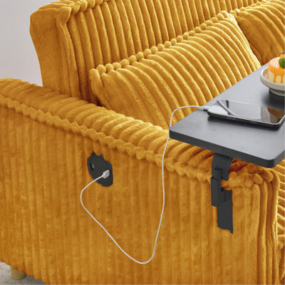 Le canapé en velours côtelé jaune coulissant et à pousser avec double fonction, équipé d'un plateau de table mobile et de ports USB, convient aux salons et aux chambres à coucher.