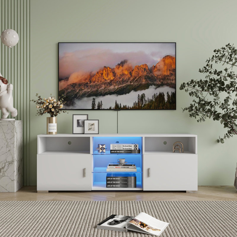 Meuble télé de 50 à 59 pouces, console de divertissement blanche moderne avec lumières DEL, tablettes réglables en hauteur et espace caché, support en verre trempé de 32 à 60 po et fonction de hauteur réglable