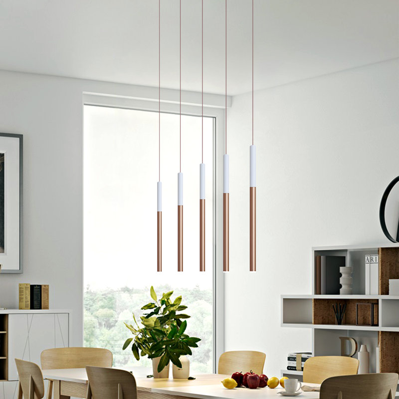 Luminaire suspendu cylindrique à DEL 5 lumières pour îlot de cuisine Baileyton, Dessus blanc / cuivre brossé