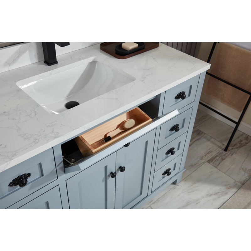 48" Solid Wood Bathroom Vanity with Engineered Stone Top, Single Sink, Black, Cadet