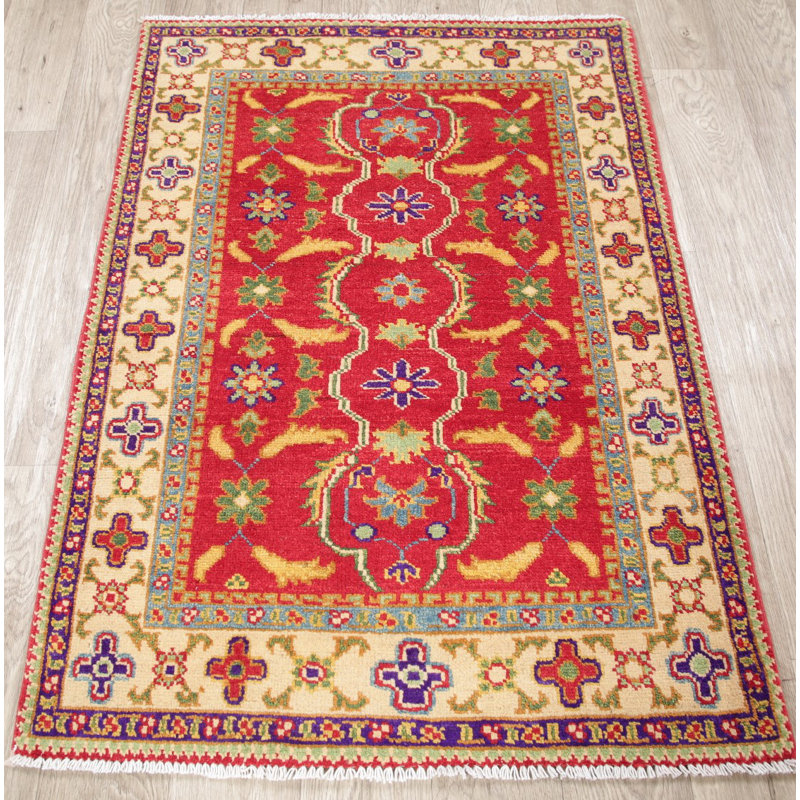 Tapis de zone en laine noué la kazak rouge 2 pi 10 po x 4 pi one-of-kind main