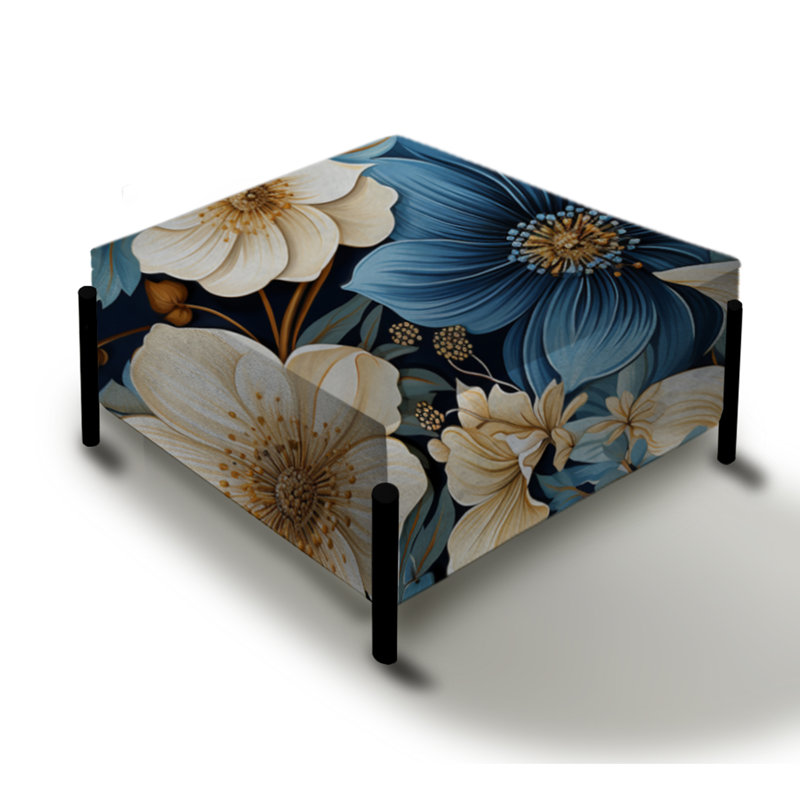 Retraite de fleurs bleues et blanches - Grand repose-pieds carré floral