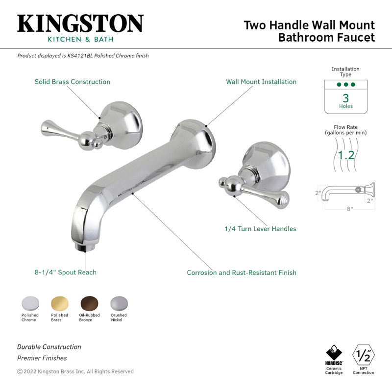 Kingston Brass Metropolitan Two-Handle 3-Hole Wall Mount Bathroom Faucet, Polished Brass