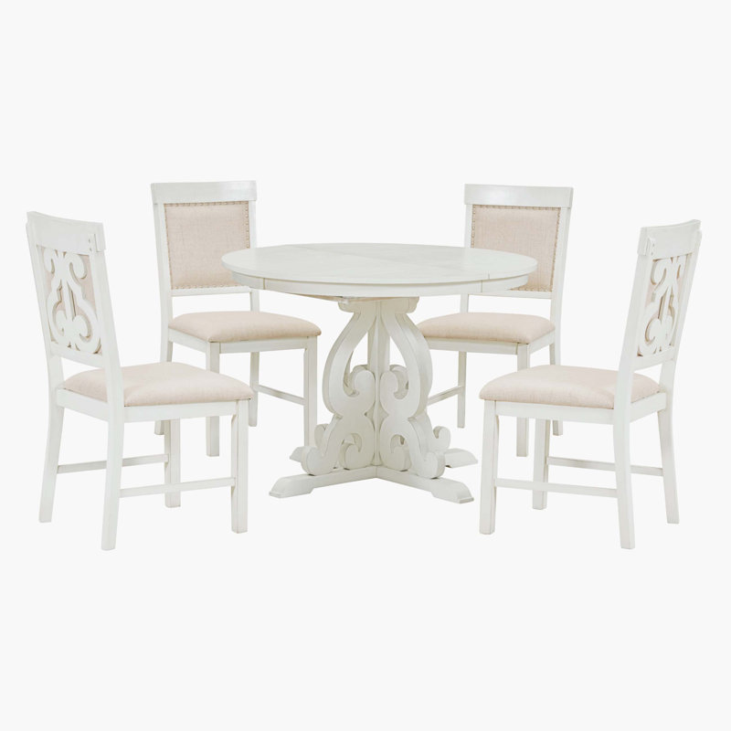White Extendable Round Pedestal Dining Table Set with Upholstered Chairs