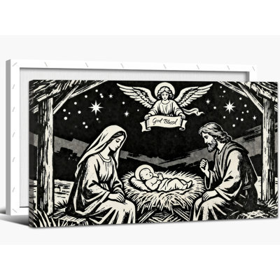 Large Nativity Scene Wall Art - Oh Holy Night Pictures Wall Decor, Vintage Nativity Painting for Living Room, Christmas Nativity Canvas Prints for Home Wall Decoration, Wrapped Canvas Art, 24×48 inches