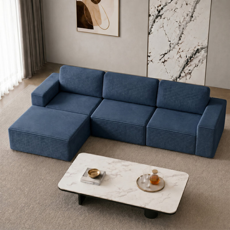 3 Seater Corduroy Sectional, Blue
