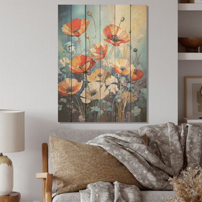 Striking Coral and Blue Shadows Poppies Garden - coquelicots, art sur bois de pin naturel