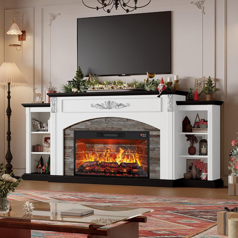 80"W Electric Fireplace Tv Stand With Mantel , Media Storage For Living Room, White & Black, 35.6"H x 80"L x 13.5"W