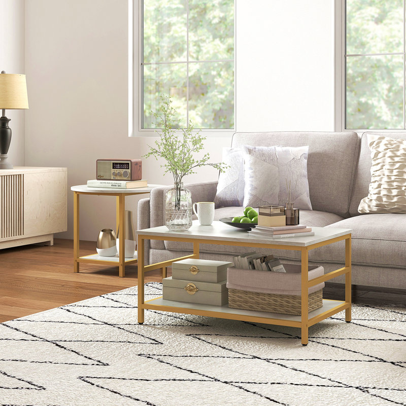 Avec table basse avec rangement, ensemble de 2 tables basses rectangulaires et rondes à 2 niveaux pour le salon avec tablettes de rangement, plateau en faux marbre et table d'appoint avec cadre en acier blanc