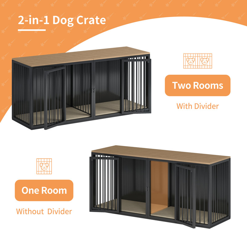 Large Black Steel Frame Double Dog Crate Furniture